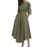 2025 New Women's Simple Slanted Shoulder Tie With Waist Solid Color Dress Woman HZ0108
