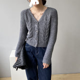 Korean Vintage Vintage V-Neck Single-Row Knitted Cardigan Women's Lazy Casual Casual Sleeve Sweater Coat HZ0108