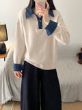 Cowboy Sleeve Splicing Fake Two Sweaters Women's Autumn/Winter 2025 Women's Loose POLO Collar Knitted Knitted Jersey HZ0108