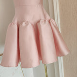 Niulatu A line Strapless Pink Satin Travel Vacation Dresses Short Birthday Dress SD1247
