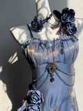 Vintage High Low Spaghetti Straps Blue 16th Birthday Dress With Sleeves Lolita Dress Satin Birthday Outfits HZ1214