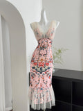 Cute Mermaid V Neckline Floral Pink Lace Long Summer Dress For Women HZ1214