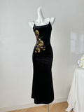 Sexy Mermaid Spaghetti Straps Black Velvet Long Summer Dress For Women HZ1214