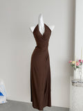 Sexy Sheath Halter Summer Brown Long Dress Holiday Party Outfits For Women HZ1214
