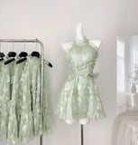 Sweet A Line Halter Green Floral Summer Short Women Summer Holiday Dresses HZ1214