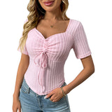 2025 Summer New Fashion Folding Drawstring Sexy Short-Sleeved Top HZ0108