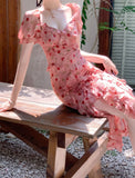Niulatu Sheath V Neckline Ruffled Pink Chiffon Floral Beach Dress Women's Vacation Dresses SD1138