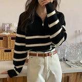 Korean Chic Autumn/Winter French Lazy Half Zipper Loose Casual Colling Striped Long-Sleeved Knitted Sweater Woman HZ0108