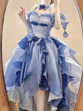 Vintage High Low Off The Shoulder Short Sleeves 16th Blue Birthday Dress Lolita Dress Birthday Outfits HZ1214