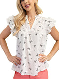 2025 Summer New V-Neck Multi-Layer Lotus Leaf Sleeve Sweet Print Lady Shirt HZ0108