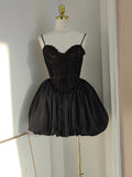 Niulatu Ball Gown Spaghetti Straps Black Lace Travel Vacation Dresses Short Satin Birthday Dress SD1244