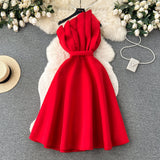 Niulatu A line One Shoulder Ruffles Holiday Dresses Midi Length Women's Dress SD1277