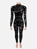 Hot Fashion Sexy Women's Round-Neck Long-Sleeved Hollow Lace Tight Hip Jumpsuit HZ0108