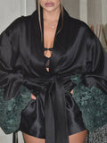 Lady Sexy Lace Spliced With Ribbon Bathrobe Home Long-Sleeved With Pajamas Loose Coat HZ0108