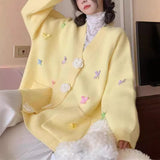 Korean Version Of V-Neck Three-Dimensional Flower Bows Fashion Knitted Jersey Autumn And Winter New Loose Lazy Sweet Sweater Woman HZ0108