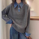 Cowboy Sleeve Splicing Fake Two Sweaters Women's Autumn/Winter 2025 Women's Loose POLO Collar Knitted Knitted Jersey HZ0108