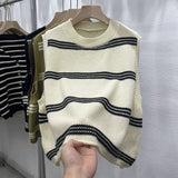 Vintage Collar Striped Knitted Vest Women Early Autumn Korean Version Of Loose Round Collar Without Sleeves Folding Sweater Vest Woman HZ0108