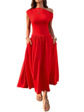 2025 Summer Slanted Shoulder Sexy Waist Solid Color Long With Pocket Dress HZ0108