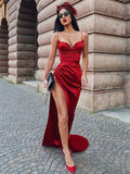 Niulatu Satin Spaghetti Straps Sleeveless Ruched Sweep/Brush Train Prom Dresses HZ0113