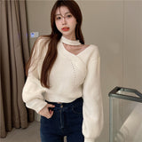 Hanging Neck Knitted Shirt Women 2025 Spring And Autumn Design Small Fried Street Lantern Sleeve Sweater Pure Lusty Dew Shoulder Coat HZ0108