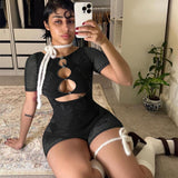 2025 Round Collar Five-Sleeve Repair Sexy Hollow All-In-One Knitted Conjoined Shorts Spring New HZ0108
