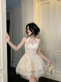 Pretty Ball Gown Halter Ivory Lace Short Mini Formal 8th Grade Homecoming Dresses Summer Middle School Hoco Dress Homecoming Outfits HZ1214
