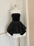 Niulatu A line Strapless Velvet Black Holiday Dress Travel Vacation Dresses Short Birthday Dress SD1257