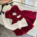 Cute Spaghetti Straps Red Ruffles Velvet Summer Dress 3 Pieces Holiday Party Outfits For Women HZ1214