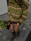 Autumn And Winter Trendy Retro Round Collar Loose Striped Sweater Cardigan Knit Coat Lazy Wind Top Woman HZ0108