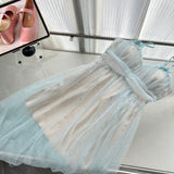 Sexy A Line Spaghetti Straps Blue Tulle Summer Dress Holiday Party Birthday Outfits For Teens HZ1214