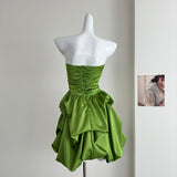 Cute A line Strapless Green Satin Short Summer Dress Holiday Party Birthday Outfits HZ1214