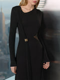 New Solid Color Temperament Fashion Fashion Button Metal Decorative Long-Sleeved Waist Mesh Dress In Autumn 2025 HZ0108
