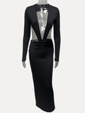 Autumn 2025 New Sexy Deep V Hollow Fake Two Leather Spliced Long-Sleeved Bag Hip Dress HZ0108