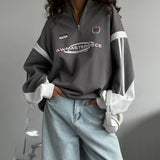 Vintage Semi-Zip Collared Jacket Trendy Street Pop Letter Print Bumping Sports Sweater Women Autumn HZ0108