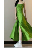 Niulatu A line Spaghetti Straps Green Holiday Dress Satin Birthday Dresses Birthday Outfits SD1293