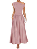 2025 Summer Slanted Shoulder Sexy Waist Solid Color Long With Pocket Dress HZ0108