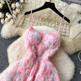 Niulatu A line Spaghetti Straps Pink Floral Holiday Dresses Midi Length Women's Dress SD1274