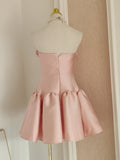 Niulatu A line Strapless Pink Satin Travel Vacation Dresses Short Birthday Dress SD1247