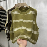Vintage Collar Striped Knitted Vest Women Early Autumn Korean Version Of Loose Round Collar Without Sleeves Folding Sweater Vest Woman HZ0108