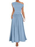 2025 Summer Slanted Shoulder Sexy Waist Solid Color Long With Pocket Dress HZ0108