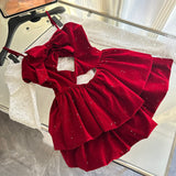 Cute Spaghetti Straps Red Ruffles Velvet Summer Dress 3 Pieces Holiday Party Outfits For Women HZ1214