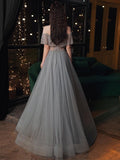 Niulatu Beaded Off Shoulder Tulle Prom Dress, A-line Grey Evening Dress Party Dress HZ0113