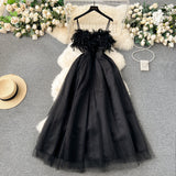 Niulatu A line Spaghetti Straps Black Tulle Holiday Dresses Feather Women's Dress SD1270