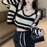 Striped Knitted Cardigan Female Design Sense Of A Small Pure Windy Hottie Short Top Summer Autumn Chic Sling Two Sets HZ0108