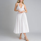 Women's Spring New Temperament Pure Color Elegant Hanging Neck Deep V Folds New Year Dress Dress Dress HZ0108