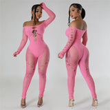 2025 Solid Color Shoulder Long Sleeves Hollow Drill High Waist Repair Body Knitted Jumpsuit Sexy Hollow HZ0108
