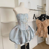 Cute Ball Gown Strapless Satin Floral Pink Short Summer Dress Holiday Party Outfits For Women HZ1214