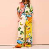 Spring Women's Dress 2025 Temperament New Casual Print V-Neck Shirt Broad Leg Pants Women's Suit HZ0108