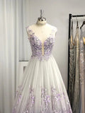 Niulatu V-neck Tulle Applique Sleeveless Floor-Length Prom Dresses HZ0113