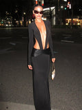 Autumn 2025 New Sexy Deep V Hollow Fake Two Leather Spliced Long-Sleeved Bag Hip Dress HZ0108
